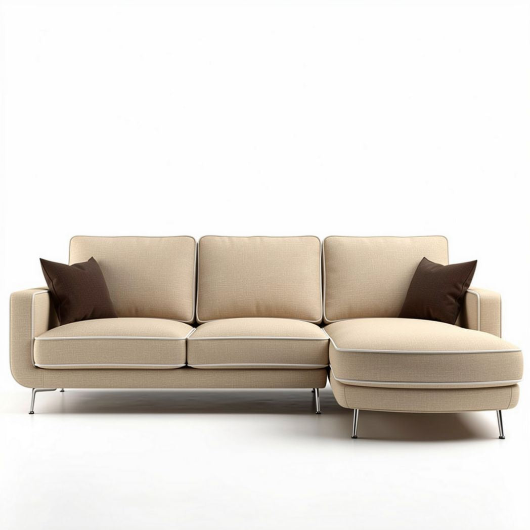 L-vormige bank van stof in beige met twee kussens en afmetingen 200 x 90 x 85cm