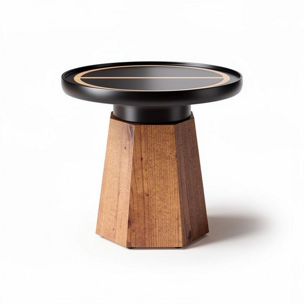 Houten bijzettafel met zwarte rond tafelblad en afmetingen van 40 x 40 x 45cm