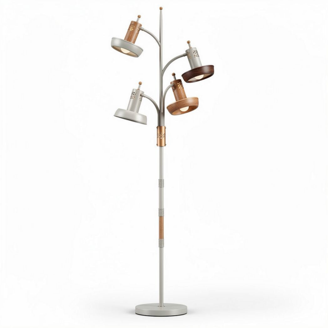 Vloerlamp met vier verstelbare lichtbronnen aluminium en hout 100 x 30 x 180cm