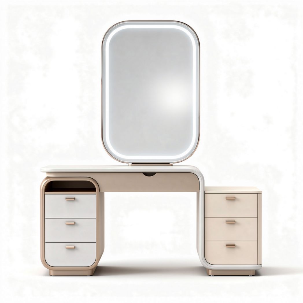 make-up bureau met spiegel van 150 x 60 x 75 cm in beige en wit met opbergkasten